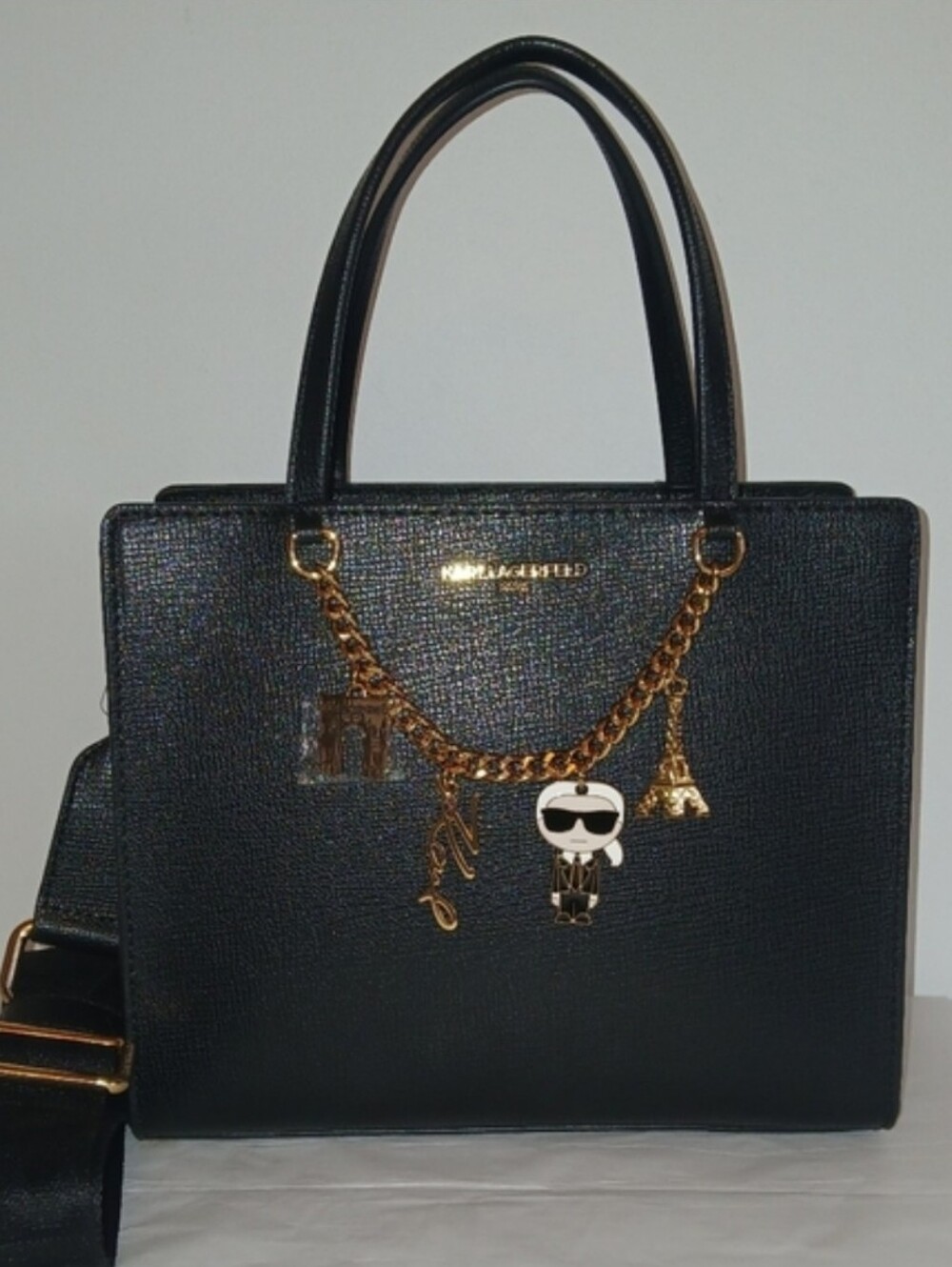 Karl Lagerfeld Maybelle Crossbody Satchel, Ikonik Paris Charms, Black, Gold